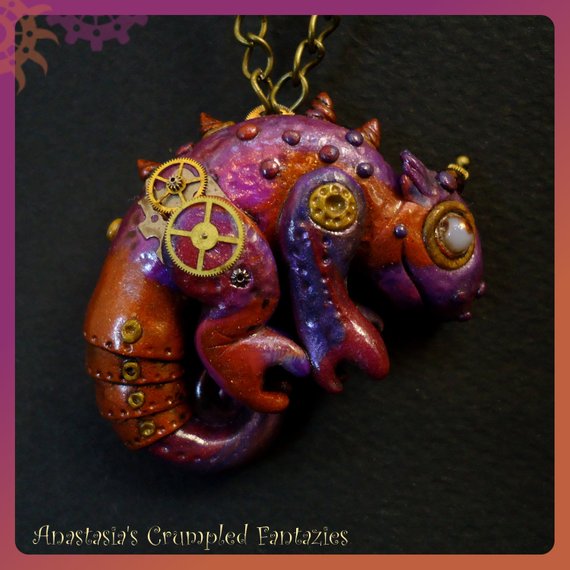 Steampunk chameleon necklace, Purple scifi lizard pendant, Polymer clay industrial clockwork fantasy jewelry, Vintage gears, Steam power by CrumpledFantazies steampunk buy now online