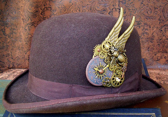 Steampunk Hat Pin (P810) Hat Adornment, Brooch, Bronze Wings and Bumble Bee, Gears, Clockface and Key, Swarovski Crystals, Tie Tack Pins by DesignsByFriston steampunk buy now online