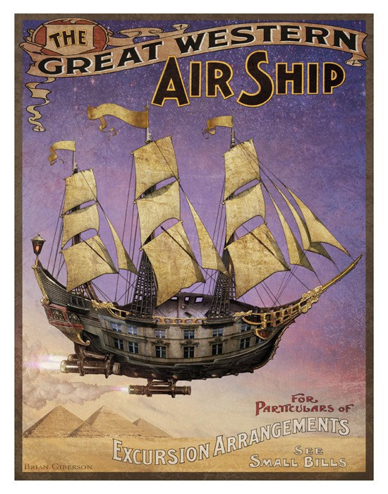 Steampunk Vintage Ad Series - The Great Western Airship - 11 x 14 Art Print by Brian Giberson by indigolights steampunk buy now online