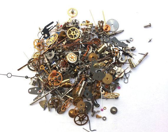 Steampunk Watch Pieces and Parts - 300 plus pieces of TEENY TINY VINTAGE gears, cogs, wheels, hands, crowns, stems, etc. by AllGearedUp steampunk buy now online