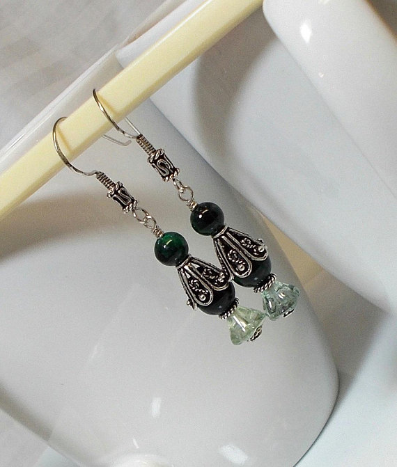 Sterling Earring, Retro Earring, Retro Design Green Tiger Eye Stone Bead With Vintage Glass And Sterling Silver Cap And Wire Dangle Earring by BusyTurtleCreations steampunk buy now online