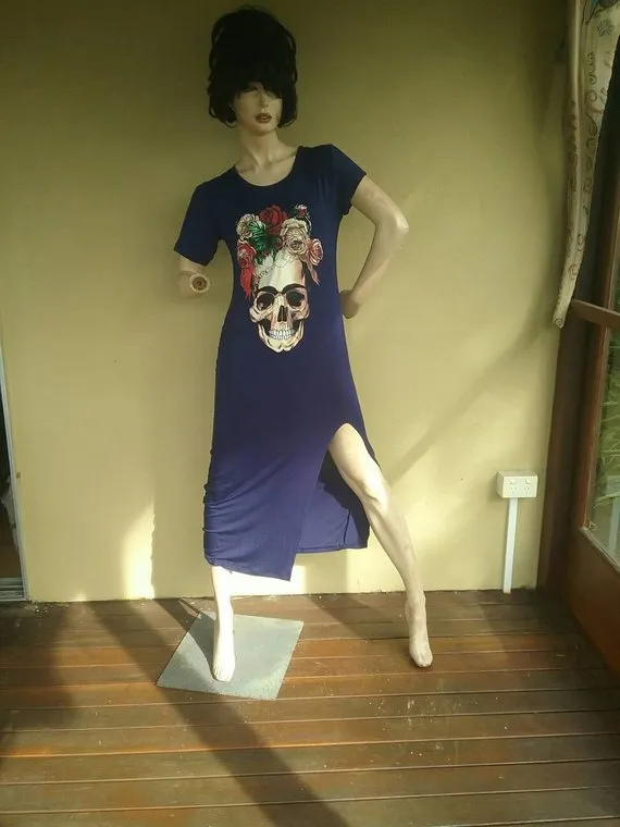 Long blue Tattoo flash skull roses long T-shirt punk dress sugar skull. by JewelrywitAttitude steampunk buy now online Long blue Tattoo flash skull roses long T-shirt punk dress sugar skull. by JewelrywitAttitude steampunk buy now online