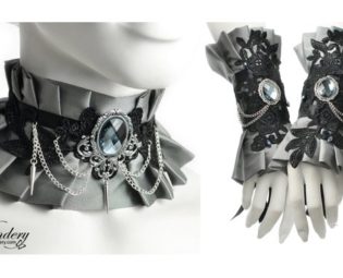 Silver gray fabic jewelry set - Ruffle choker necklace, Fantasy cuff bracelet design, Victorian Neck corset with spikes, Floral black lace by Vilindery steampunk buy now online