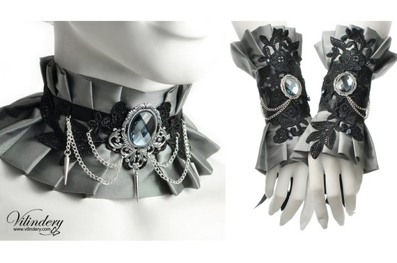 Silver gray fabic jewelry set - Ruffle choker necklace, Fantasy cuff bracelet design, Victorian Neck corset with spikes, Floral black lace by Vilindery steampunk buy now online