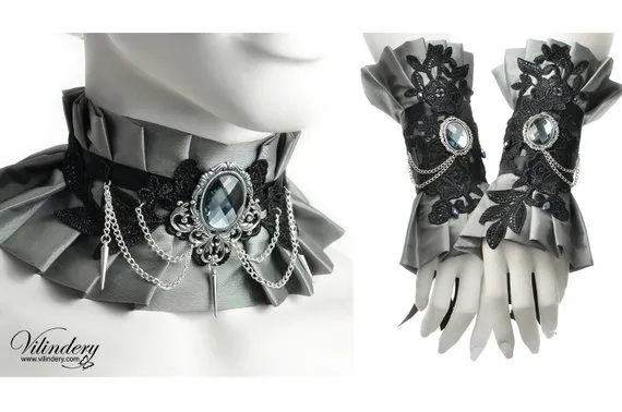 Silver gray fabic jewelry set - Ruffle choker necklace, Fantasy cuff bracelet design, Victorian Neck corset with spikes, Floral black lace by Vilindery steampunk buy now online Silver gray fabic jewelry set - Ruffle choker necklace, Fantasy cuff bracelet design, Victorian Neck corset with spikes, Floral black lace by Vilindery steampunk buy now online