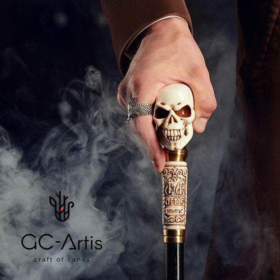 Skull Walking Stick Cane Staff Folding (3 sections) Goth Style Art Stone Casted Knob Handle Brass tip Walking Cane Stick for men steampunk by GCArtis steampunk buy now online