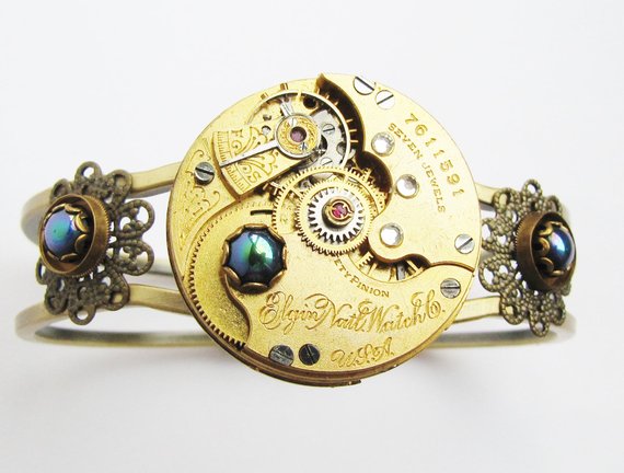 Steampunk Antique Elgin Watch Movement Hinged Bracelet, Steampunk Bracelet, Antique Watch Bracelet, Gold Watch Movement Bracelet, BR15 by RavensSecretStash steampunk buy now online