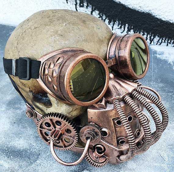 STEAMPUNK 'BANE' 2 pc Mask Goggles Set- Distressed Copper Tubes, Coils, Gears Post Apocalyptic Mask with Matching Welder Goggles-Burning Man by jadedminx steampunk buy now online