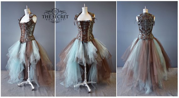 Steampunk dress, custom made copper and blue steel bone corset and tulle skirt. by thesecretboutique steampunk buy now online