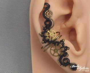 steampunk ear cuff 'Time keeper' - bronze and black ear cuff, no piercing ear cuff, steampunk jewelry, wire wrapped ear cuff, steampunk gift by bodaszilvia steampunk buy now online