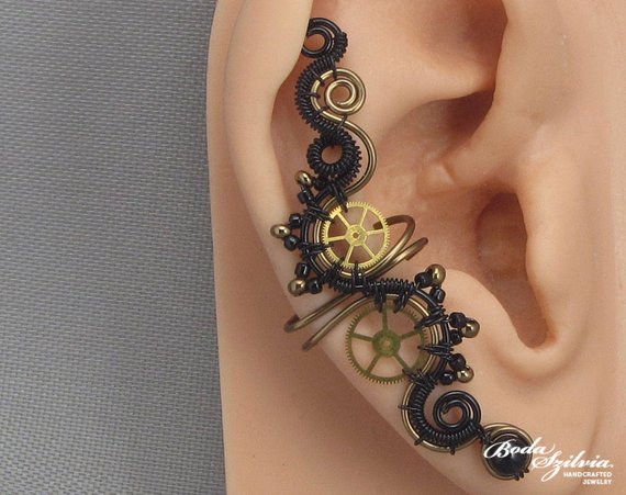 steampunk ear cuff 'Time keeper' - bronze and black ear cuff, no piercing ear cuff, steampunk jewelry, wire wrapped ear cuff, steampunk gift by bodaszilvia steampunk buy now online