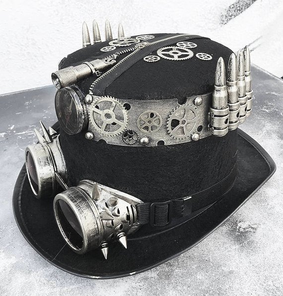 STEAMPUNK HAT and GOGGLES - Black Felt Steampunk Top Hat with Silver Metal Band, Gears, Bullet Cartridges, Light and Matching Spiked Goggles by jadedminx steampunk buy now online