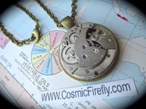 Steampunk Necklace Pendant With Round Antique Swiss Non Working Vintage Watch Movement Antiqued Brass Metal Steampunk Jewelry by CosmicFirefly steampunk buy now online