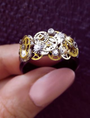 Steampunk ring, black stainless steel titanium, unisex steampunk ring, watch gear ring, silver, bronze and gold ring, OOAK, cz ring by CindersJewelryDesign steampunk buy now online