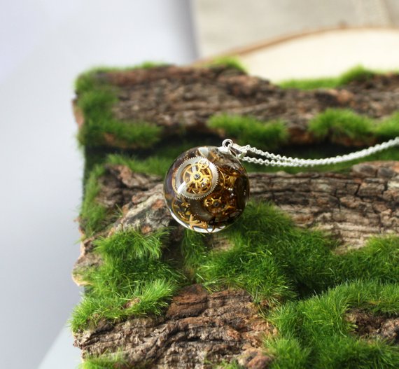 Time caught in resin. Real watch parts in resin sphere. Steampunk necklace. 925 Sterling Silver. Gift for Women. Remembrance Gift for Her by NatureOfMagic steampunk buy now online
