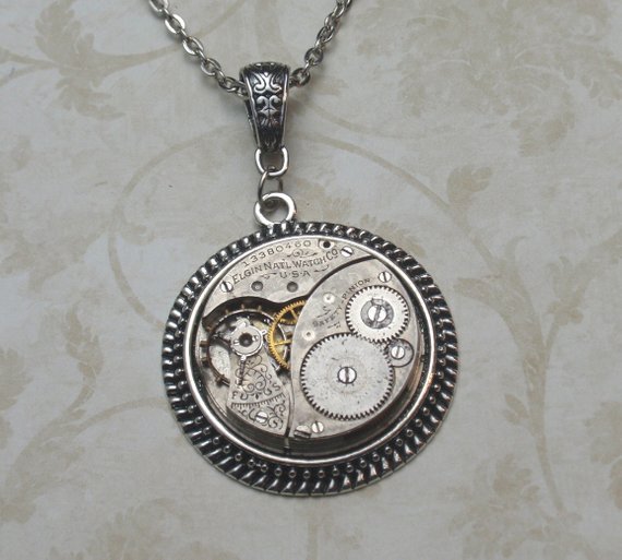 Watch Pendant Necklace, Steampunk Necklace, Elgin Timepiece Necklace, Stunning Geometric Etchings, Circa 1907, N49 by nwd59 steampunk buy now online