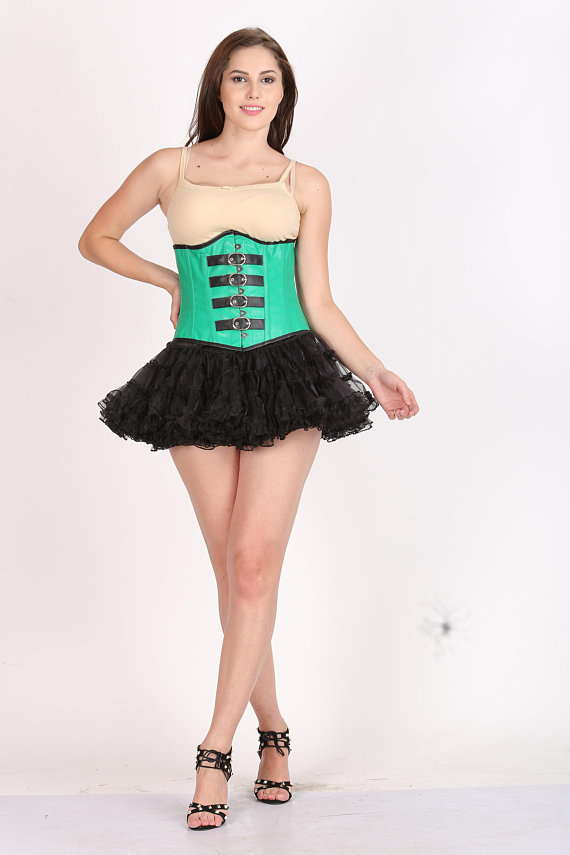 Women’s Green Faux Leather Gothic Steampunk Waist Training Bustier Underbust Top & Tissue Tutu Skirt Corset Dress by aakarKriti steampunk buy now online