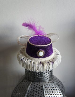 Beautiful One Of A Kind Purple Mini Top Hat Fascinator With Striped Organza Ribbon Band And Bow, Fringed Braid Edge, Vintage Button Detail by IndustriousImaginare steampunk buy now online