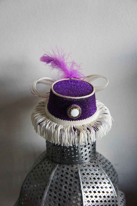 Beautiful One Of A Kind Purple Mini Top Hat Fascinator With Striped Organza Ribbon Band And Bow, Fringed Braid Edge, Vintage Button Detail by IndustriousImaginare steampunk buy now online
