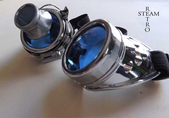 blue chrome steampunk goggles with loupe mad scientist - mad max cyber goggles burning man steampunk accessories - steampunk - goggles by SteamRetro steampunk buy now online