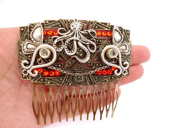 Brass Steampunk Comb Hair_ SC2524460932_ Steampunk Accessories_Combs_ Octopus_Gift Ideas by CJTheOwl steampunk buy now online