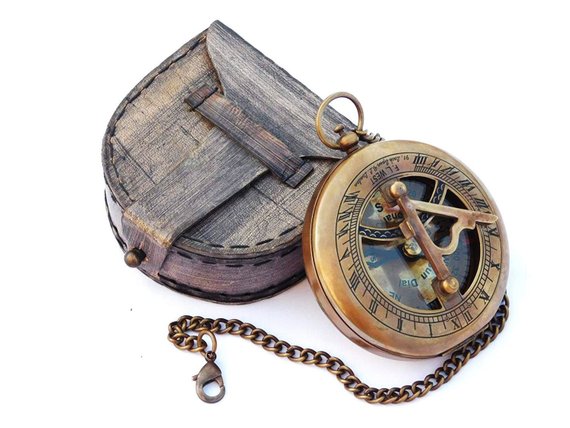 Brass Sundial Compass With Chain & Leather Case Marine Nautical Sun Clock Steampunk Accessory Christmas / New Year Gift by MEDIEVALECRAFT steampunk buy now online
