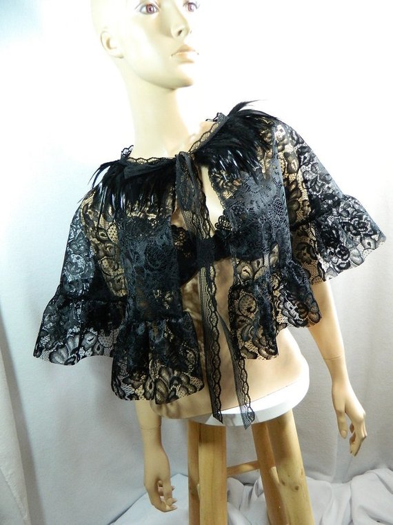 cape capelet black lace mesh feathered gothic pelerine steampunk victorian Shoulder wrap shrug Bolero Burlesque Western Civil War Wedding by Nashimiron steampunk buy now online