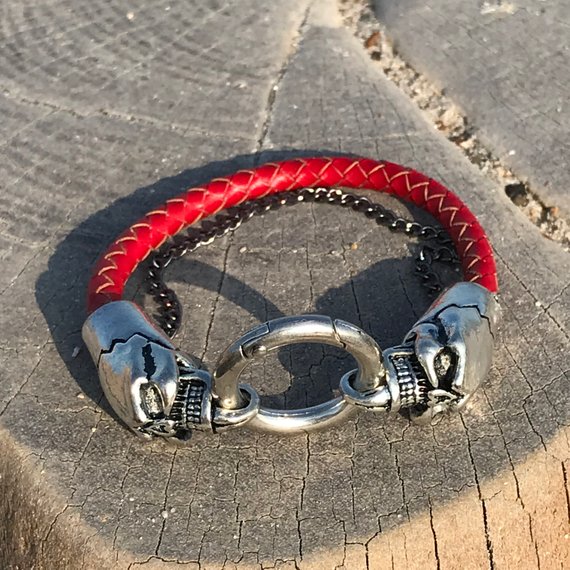 Double Skull Clasp Leather and Chain Bracelet//Gothic//Choker//Skull Jewellery//Gifts for Him//Birthday//Gifts//Gifts for Her//leather by Lomahsee steampunk buy now online