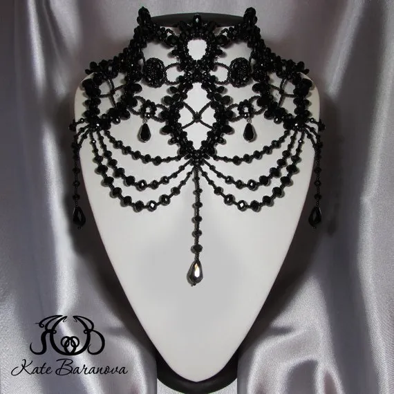 Neck Shoulder Necklace Gothic Statement Choker Neck corset Black Necklace Victorian Chocker Black Lace Neck Corset Gothic Choker Beaded by JewelryFashionArt steampunk buy now online
