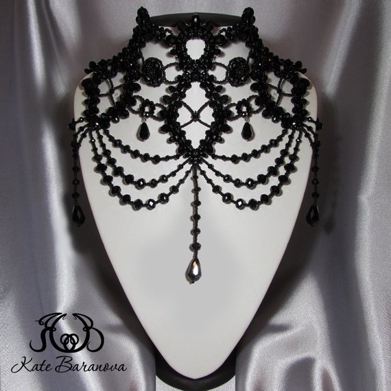 Neck Shoulder Necklace Gothic Statement Choker Neck corset Black Necklace Victorian Chocker Black Lace Neck Corset Gothic Choker Beaded by JewelryFashionArt steampunk buy now online