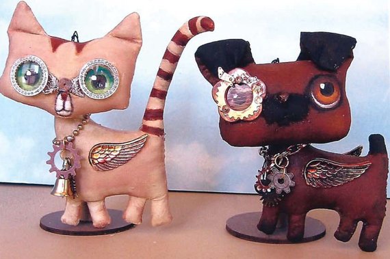 SE484E - Cat and Dog Ornaments - Steampunk Animal Doll Art Pattern - PDF Download by Susan Barmore by ClothDollPatterns steampunk buy now online