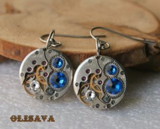 Steampunk Earrings with Vintage Mechanical Watch Movement and Capri Blue Swarovski crystals , Steampunk Earrings , Clockwork Earrings by Olisava steampunk buy now online