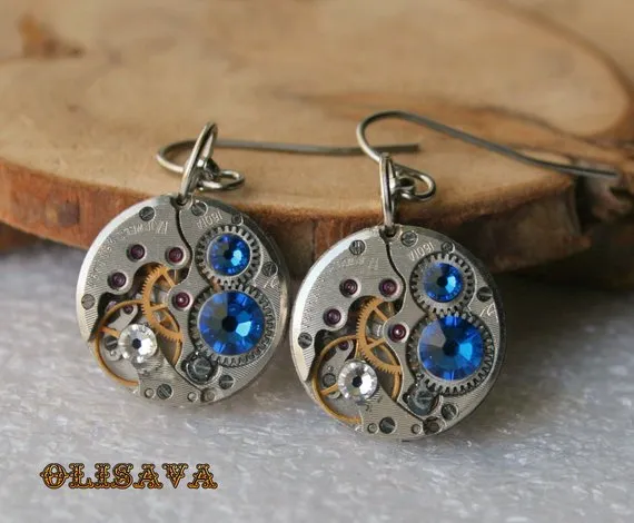 Steampunk Earrings with Vintage Mechanical Watch Movement and Capri Blue Swarovski crystals , Steampunk Earrings , Clockwork Earrings by Olisava steampunk buy now online Steampunk Earrings with Vintage Mechanical Watch Movement and Capri Blue Swarovski crystals , Steampunk Earrings , Clockwork Earrings by Olisava steampunk buy now online