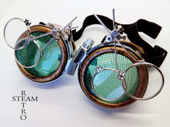 Steampunk Goggles Glasses AVIATOR cyber gothic welder glasses steampunk accessories madmax goggles double loupe green - goggles - steampunk by SteamRetro steampunk buy now online