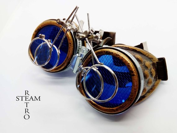 Steampunk Goggles Glasses AVIATOR cyber gothic welder glasses steampunk accessories madmax goggles double loupes blue - goggles - steampunk by SteamRetro steampunk buy now online