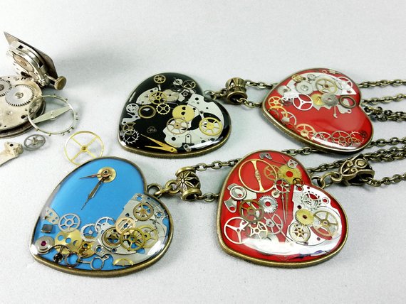 Steampunk Heart Pendant, Love pendant, Resin heart necklace, Watch Parts, Clockwork Necklace Upcycled Industrial Steampunk Jewelry by ByEmilyRay steampunk buy now online