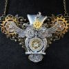 Steampunk jewelry Owl in top hat bib necklace - bronze filigree base, silver winged owl and top hat charms, golden cogs gears & rhinestones by KindHeartsEmporium steampunk buy now online