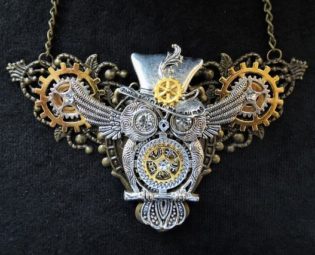Steampunk jewelry Owl in top hat bib necklace - bronze filigree base, silver winged owl and top hat charms, golden cogs gears & rhinestones by KindHeartsEmporium steampunk buy now online