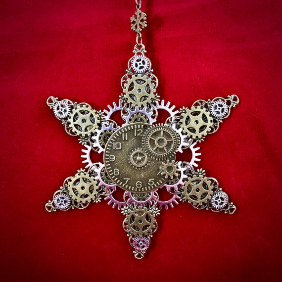 Steampunk Snowflake Gears and Filigree Christmas Ornament | Clock and Interlocking Gears | Intricate Ornament for Your Tree by HedwigsBaublry steampunk buy now online