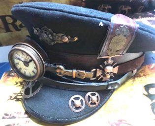 Steampunk Station Master Black wool military Hat with Monokel and copper skull badges in 3 sizes 57cm,58cm,59cm by SteamEraProduction steampunk buy now online
