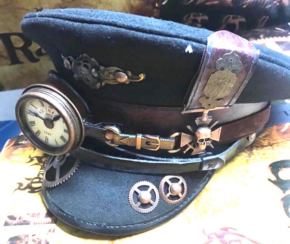 Steampunk Station Master Black wool military Hat with Monokel and copper skull badges in 3 sizes 57cm,58cm,59cm by SteamEraProduction steampunk buy now online