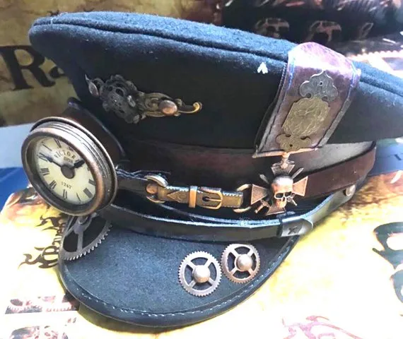Steampunk Station Master Black wool military Hat with Monokel and copper skull badges in 3 sizes 57cm,58cm,59cm by SteamEraProduction steampunk buy now online Steampunk Station Master Black wool military Hat with Monokel and copper skull badges in 3 sizes 57cm,58cm,59cm by SteamEraProduction steampunk buy now online