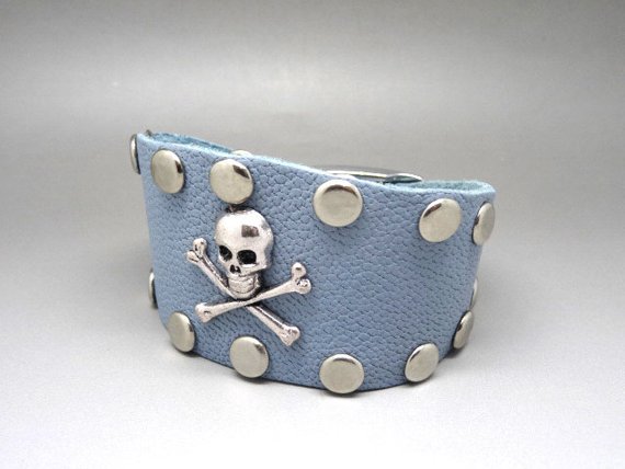 Studded Bracelet rock / steampunk blue gray leather by bijouxencuir steampunk buy now online