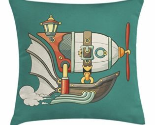 Hat family Zeppelin Throw Pillow Cushion Cover, Abstract Cartoon Airship Steampunk Themed Balloon Lantern and Propeller, Decorative Square Accent Pillow Case, 18 X 18 Inches, Jade Green Multicolor steampunk buy now online