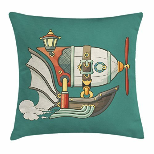 Hat family Zeppelin Throw Pillow Cushion Cover, Abstract Cartoon Airship Steampunk Themed Balloon Lantern and Propeller, Decorative Square Accent Pillow Case, 18 X 18 Inches, Jade Green Multicolor steampunk buy now online