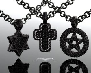 Black diamond Cross, Star of David, or Pentacle. Blackout diamonds and black sterling silver brogue pendants. DeMer Jewelry originals. by DeMerJewelry steampunk buy now online