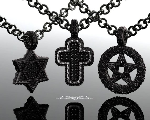 Black diamond Cross, Star of David, or Pentacle. Blackout diamonds and black sterling silver brogue pendants. DeMer Jewelry originals. by DeMerJewelry steampunk buy now online