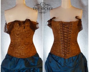 Steampunk corset, custom made lace front corset in gold and copper damask fabric by thesecretboutique steampunk buy now online