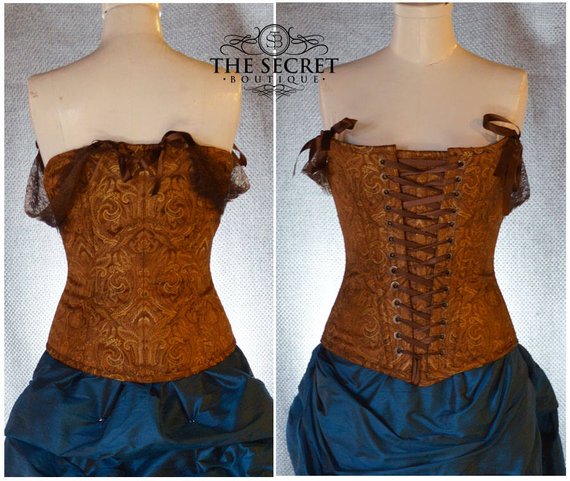 Steampunk corset, custom made lace front corset in gold and copper damask fabric by thesecretboutique steampunk buy now online