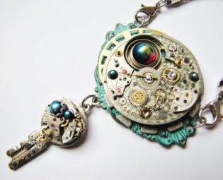 Steampunk Embellished Antique Watch Movement & Mechanical Treasure Key Pendant Necklace, Steampunk Necklace, Steampunk Watch and Key PN73 by RavensSecretStash steampunk buy now online